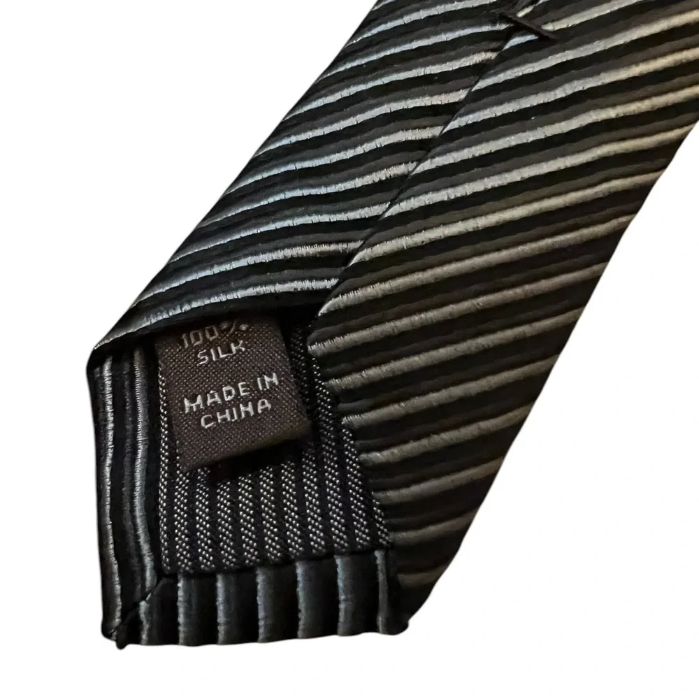 NORDSTROM vintage textured skinny silk striped tie, black & silver, 2.5” wide